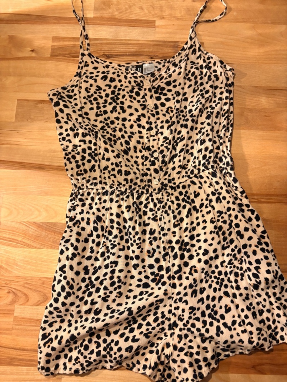 Beige and Black Leopard Print Spaghetti Strap Romper
